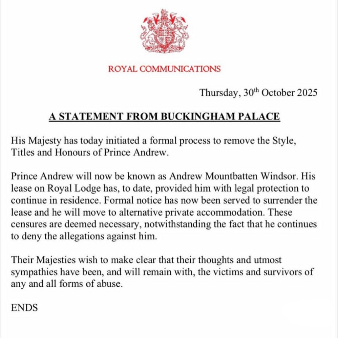 Prince Andrew stripped of 'prince' title and will have to move out of Royal Lodge