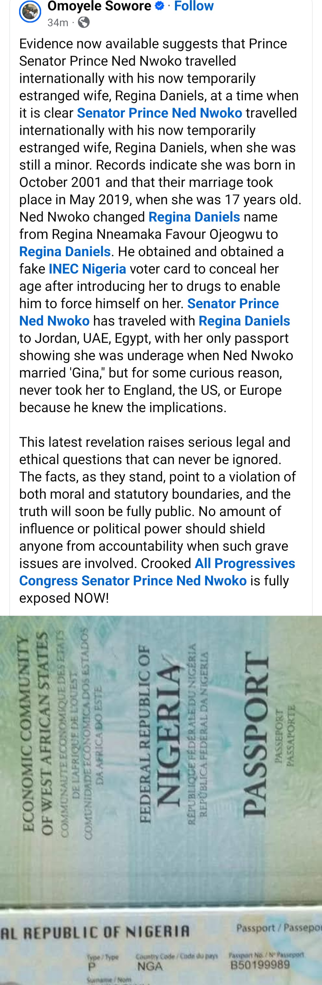 Ned Nwoko travelled internationally with Regina Daniels when she was still a minor ? Yele Sowore alleges as he releases 