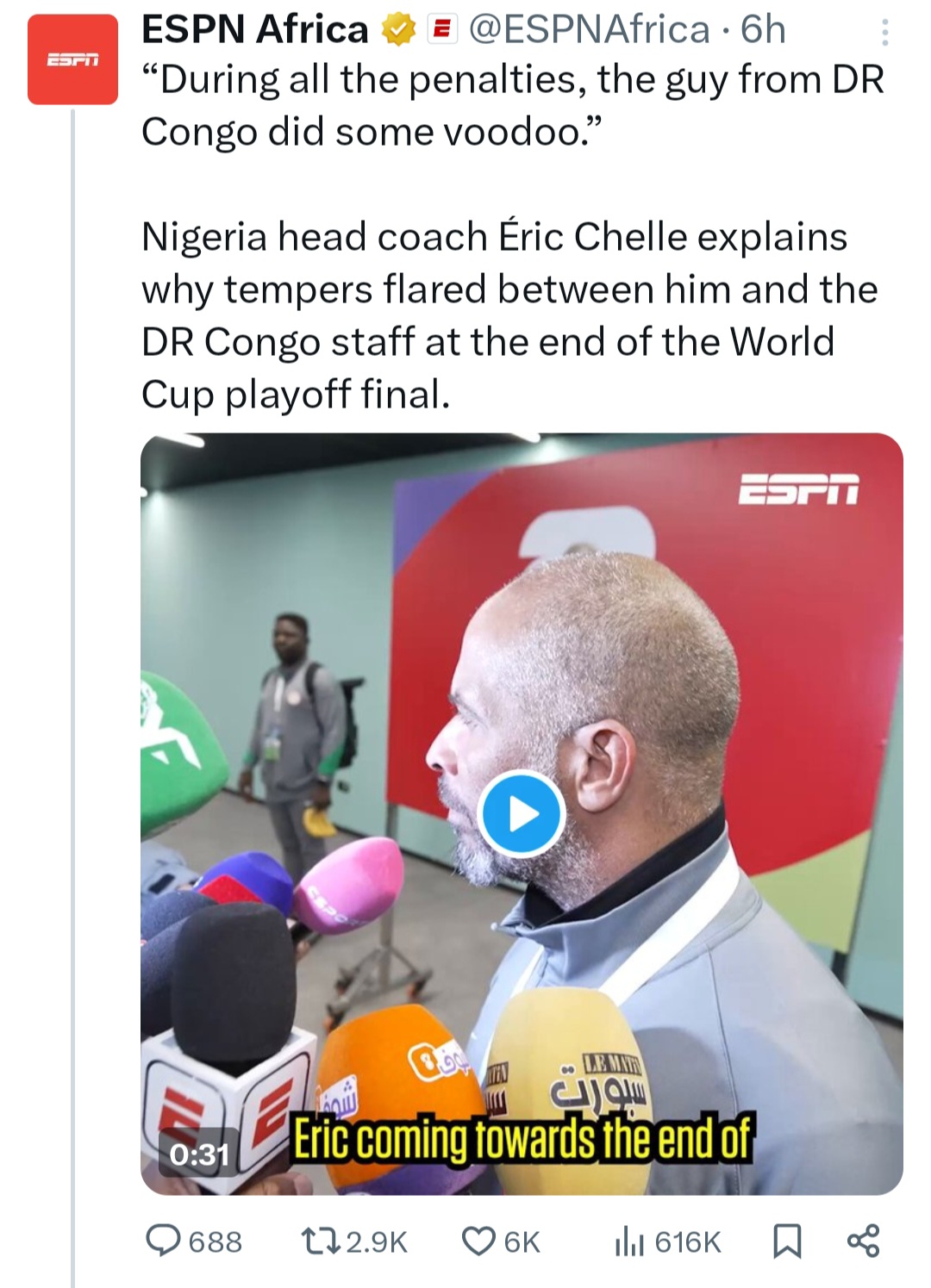 Nigerian coach Chelle alleges DR Congo used voodoo during penalty shootout (video)