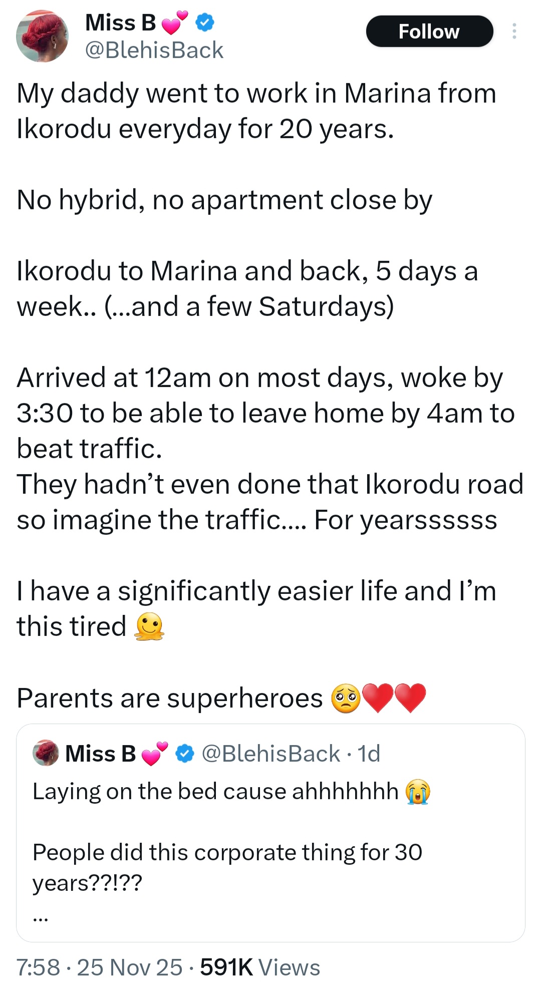 Woman narrates how her father spent decades of his life going to work in Marina at 4am and returning home to Ikorodu at 12am