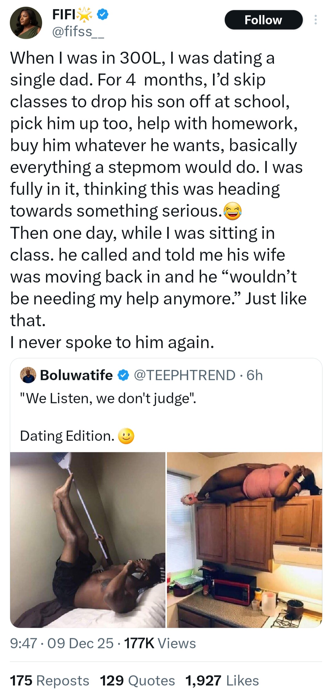 Woman shares her experience dating a single father while she was a university student