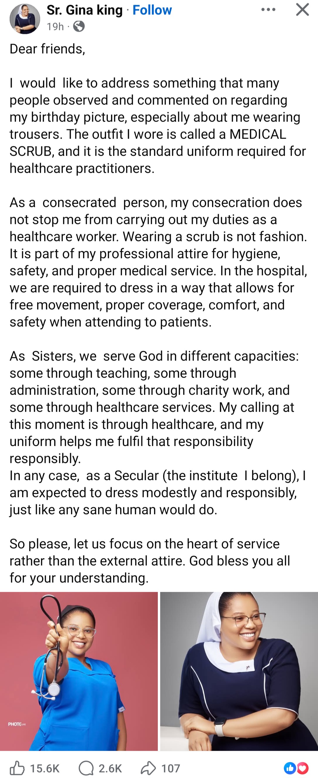 Reverend sister responds after receiving heat for wearing trousers in birthday photo