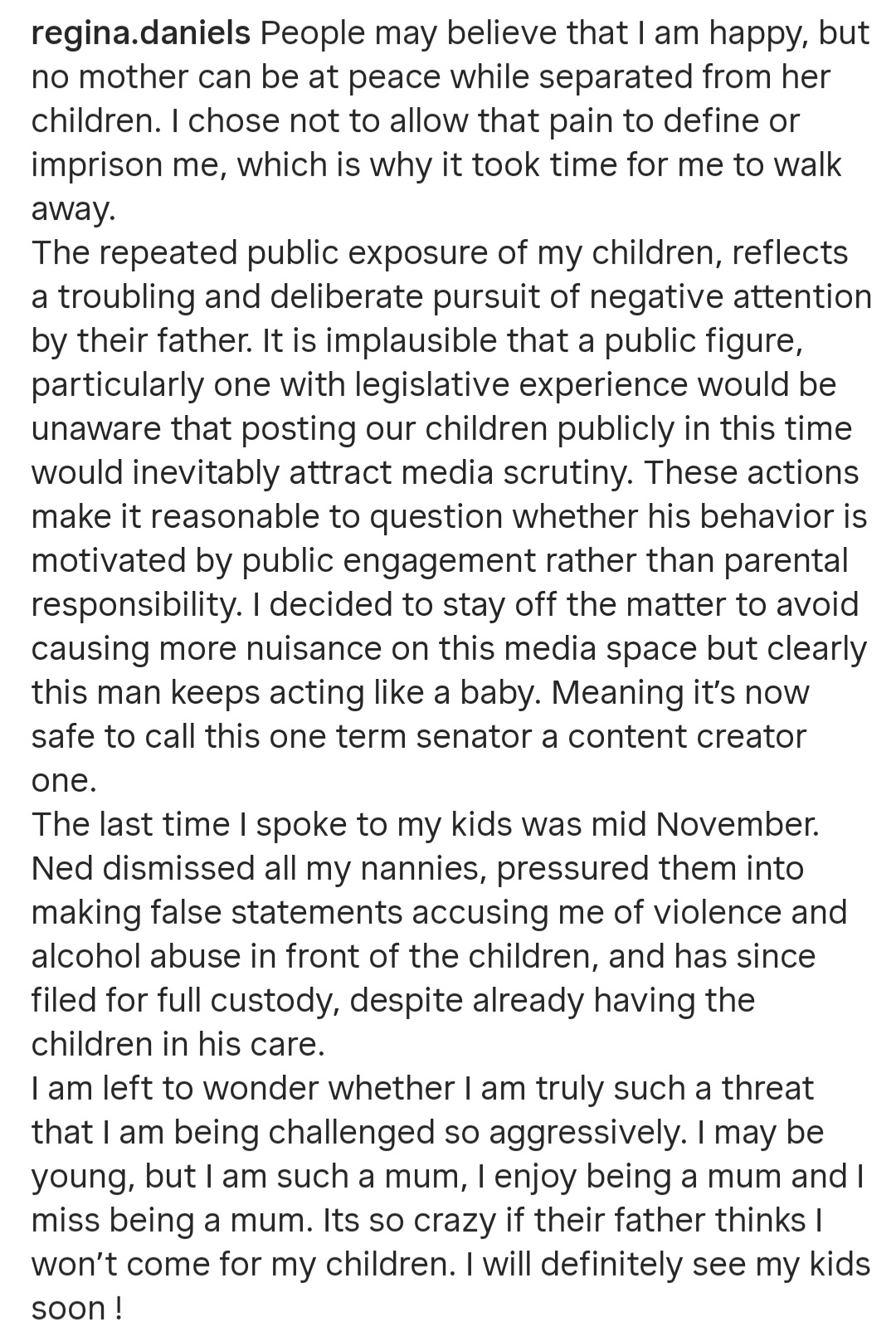"No mother can be at peace while separated form her children" Regina Daniels laments as she calls out husband over custody