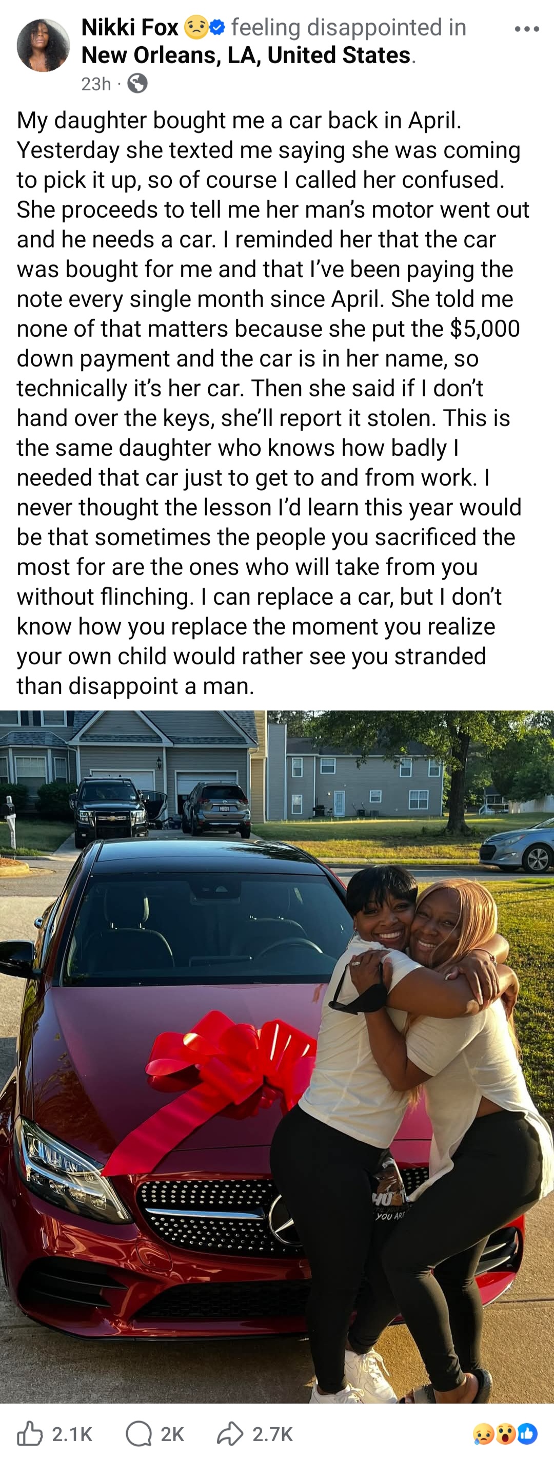 Mother shares disappointment after her daughter repossessed the car she gifted her to give her boyfriend