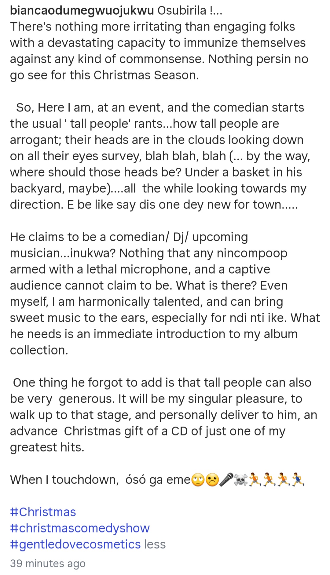 "Nothing any nincompoop armed with a lethal microphone cannot claim to be" Bianca Ojukuwu slams MCs who make crass jokes