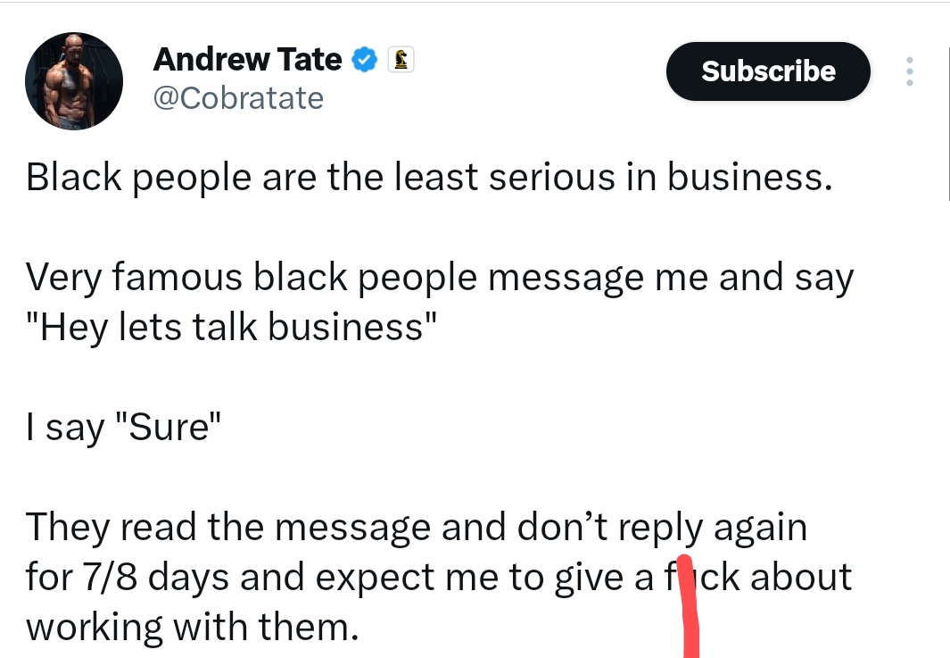 ?Blvck people are the least serious in business? ? Andrew Tate sparks outrage with X post