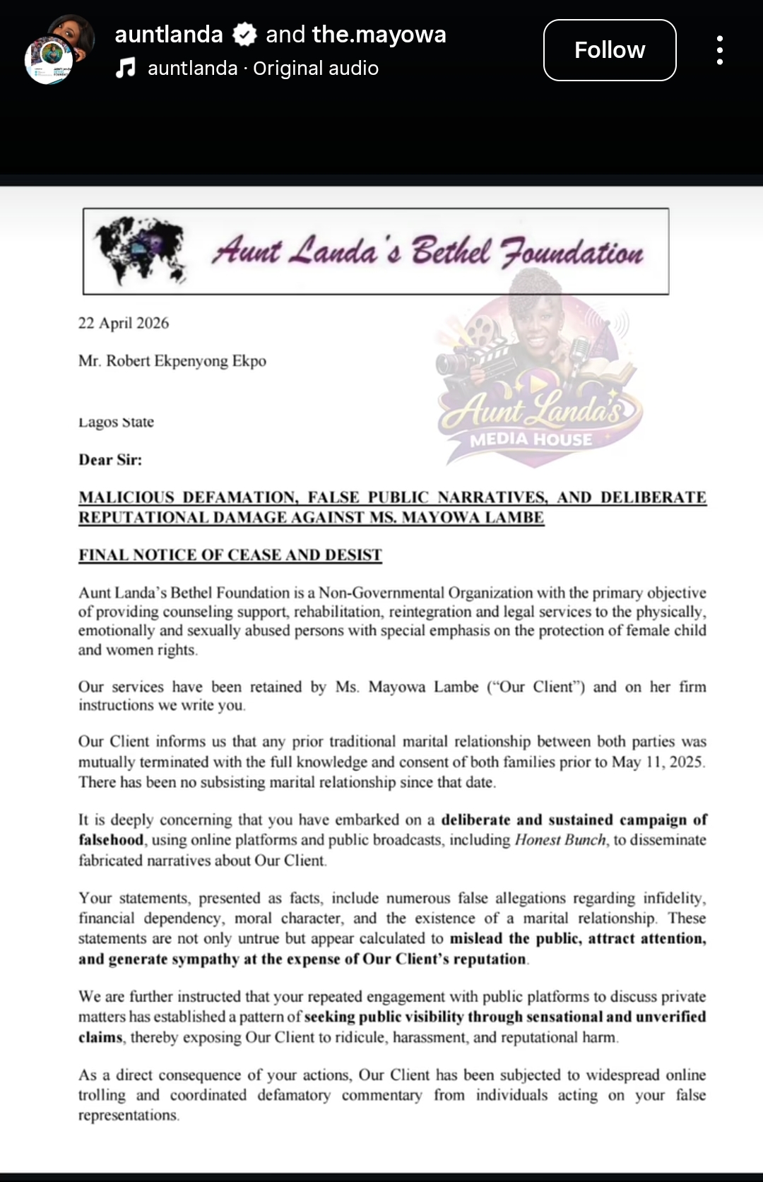 Ex-wife of OAP Roby Ekpo, Mayowa Lambe, issues cease and desist; says their marriage was annulled before remarriage