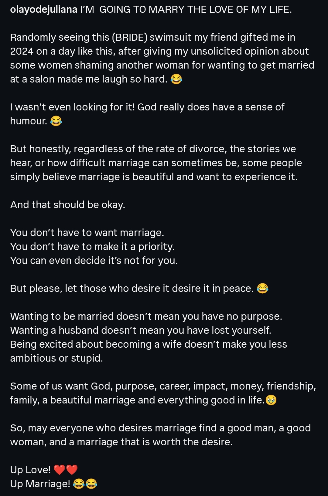“Wanting to get married is not a personality disorder” —Actress Juliana Olayode defends women who desire marriage
