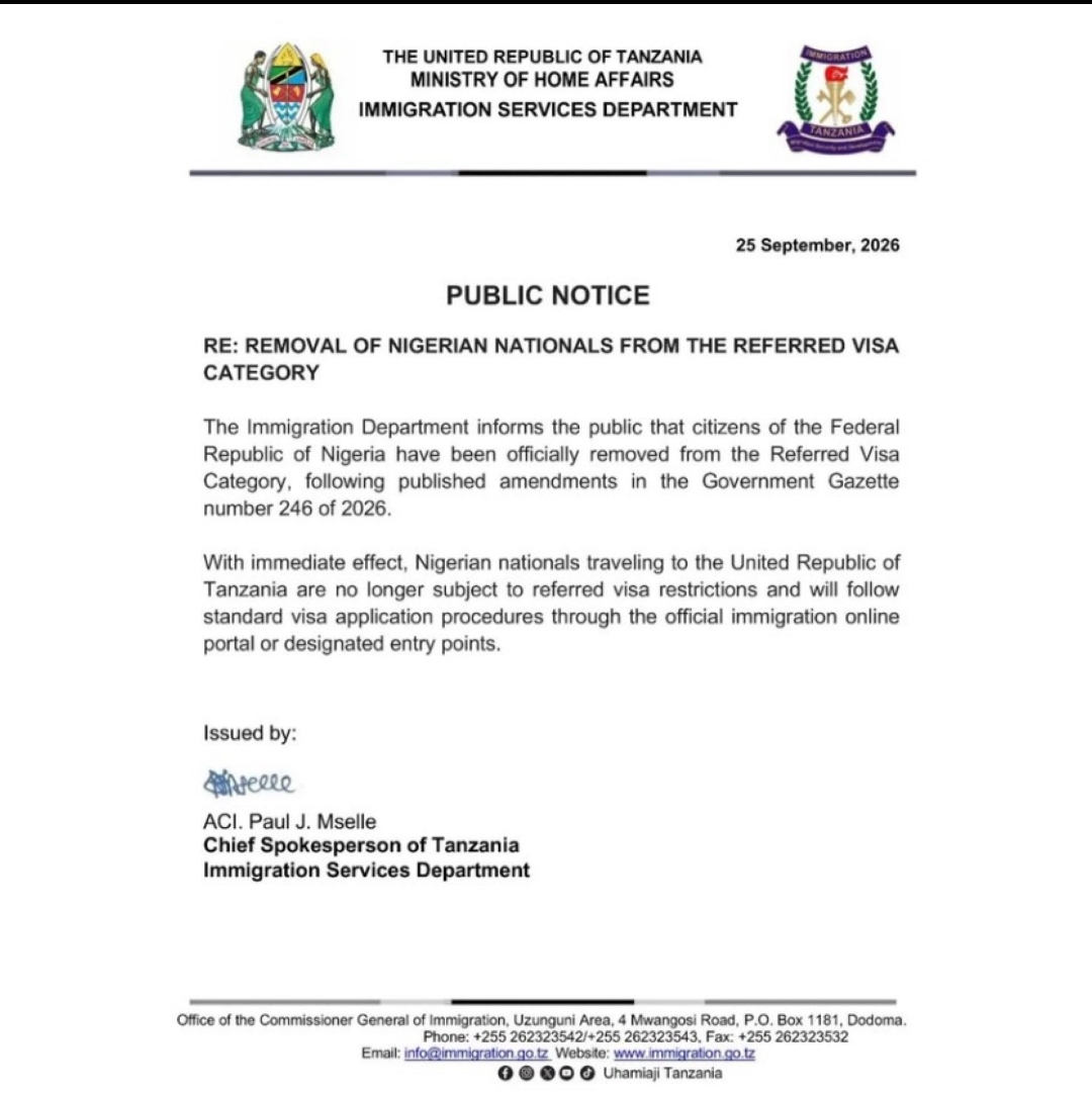 Tanzania removes Nigeria from referred visa category, eases visa process