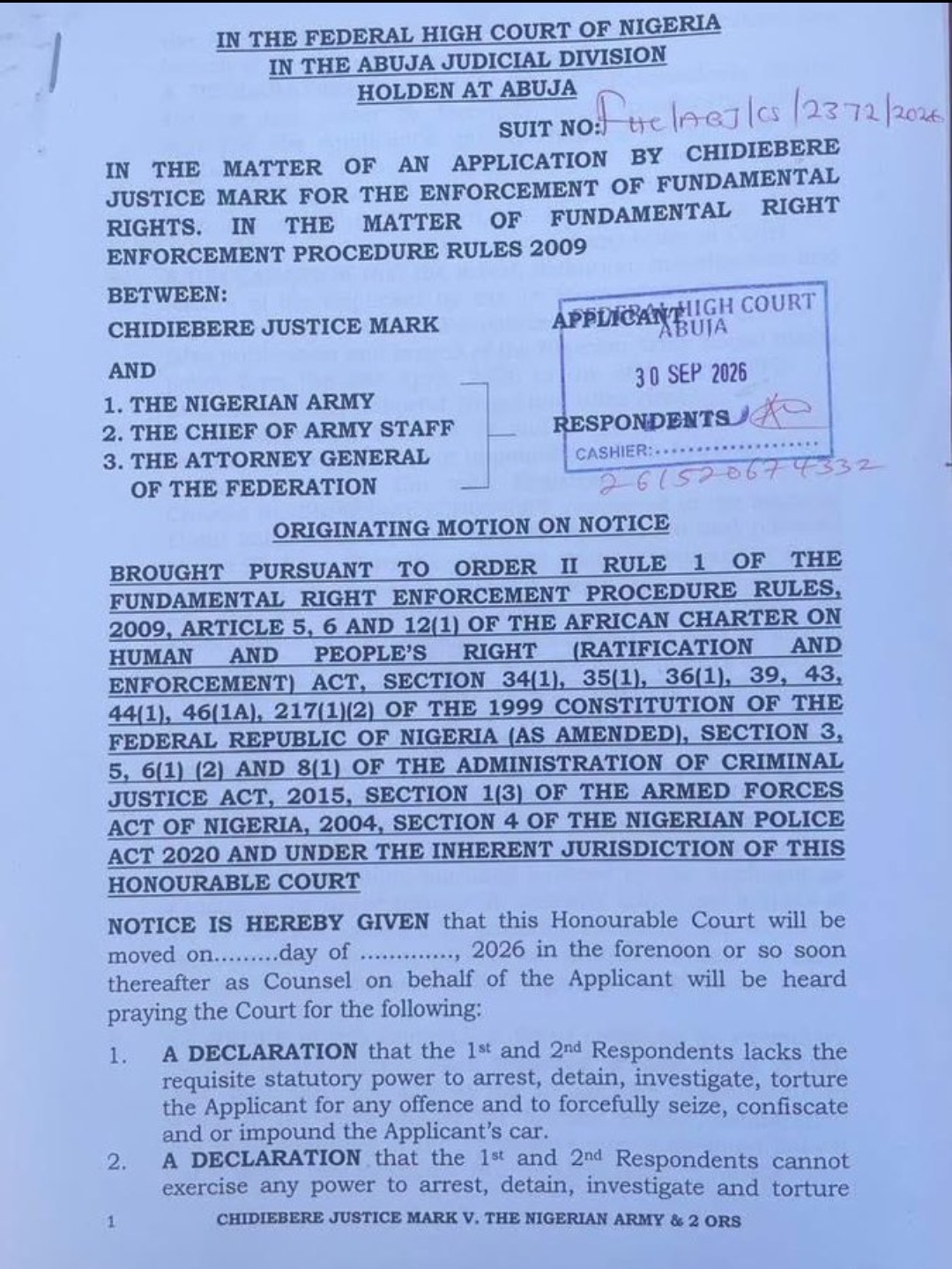 Nigerian social media activist Justice Crack files ₦5bn suit against Nigerian Army, Chief of Army Staff, AGF over alleged rights violations