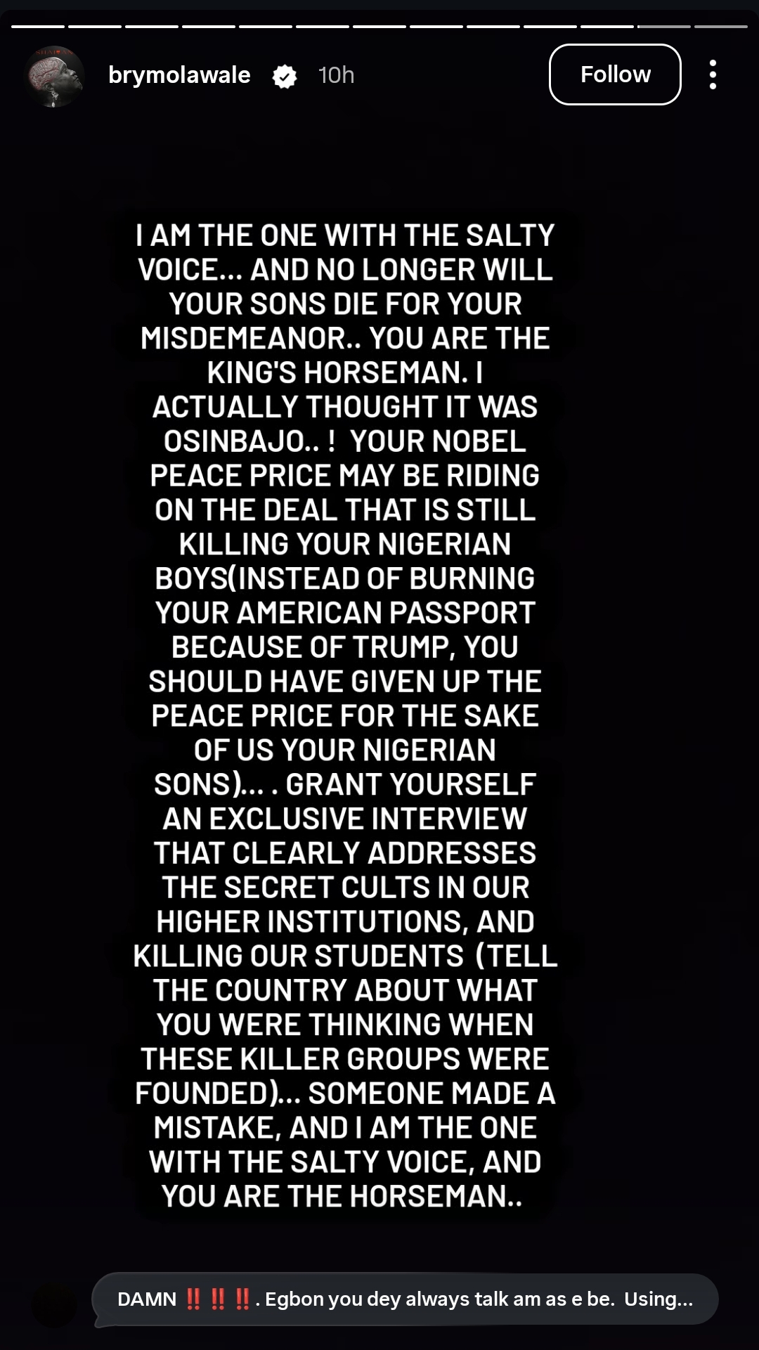 “I will not forgive Wole Soyinka, Olusegun Obasanjo and Gani Adams for the loss of our boys” — Singer Brymo makes allegations over cultism in Nigerian universities