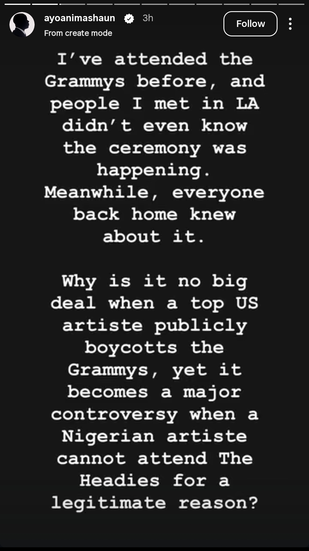 Headies founder Ayo Animashaun criticises Nigerian artistes who submit entries for international awards but neglect The Headies