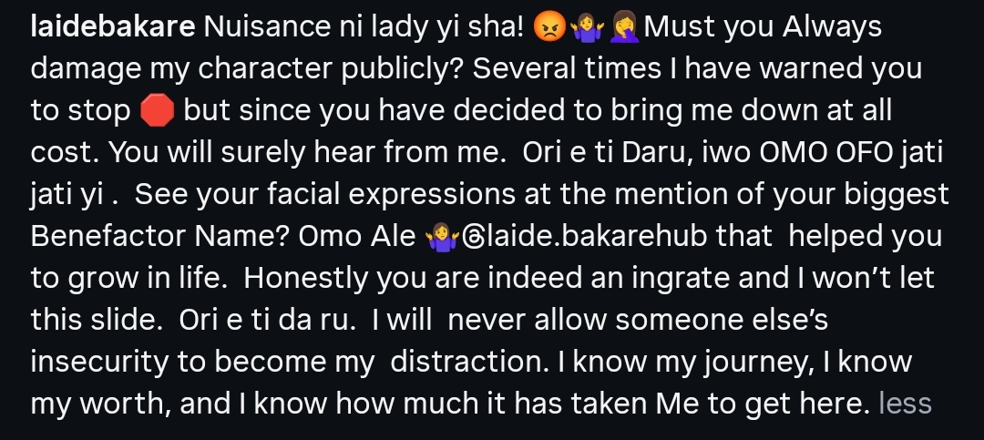 Actress Olaide Bakare calls out colleague Eniola Badmus over facial reaction after her name was mentioned