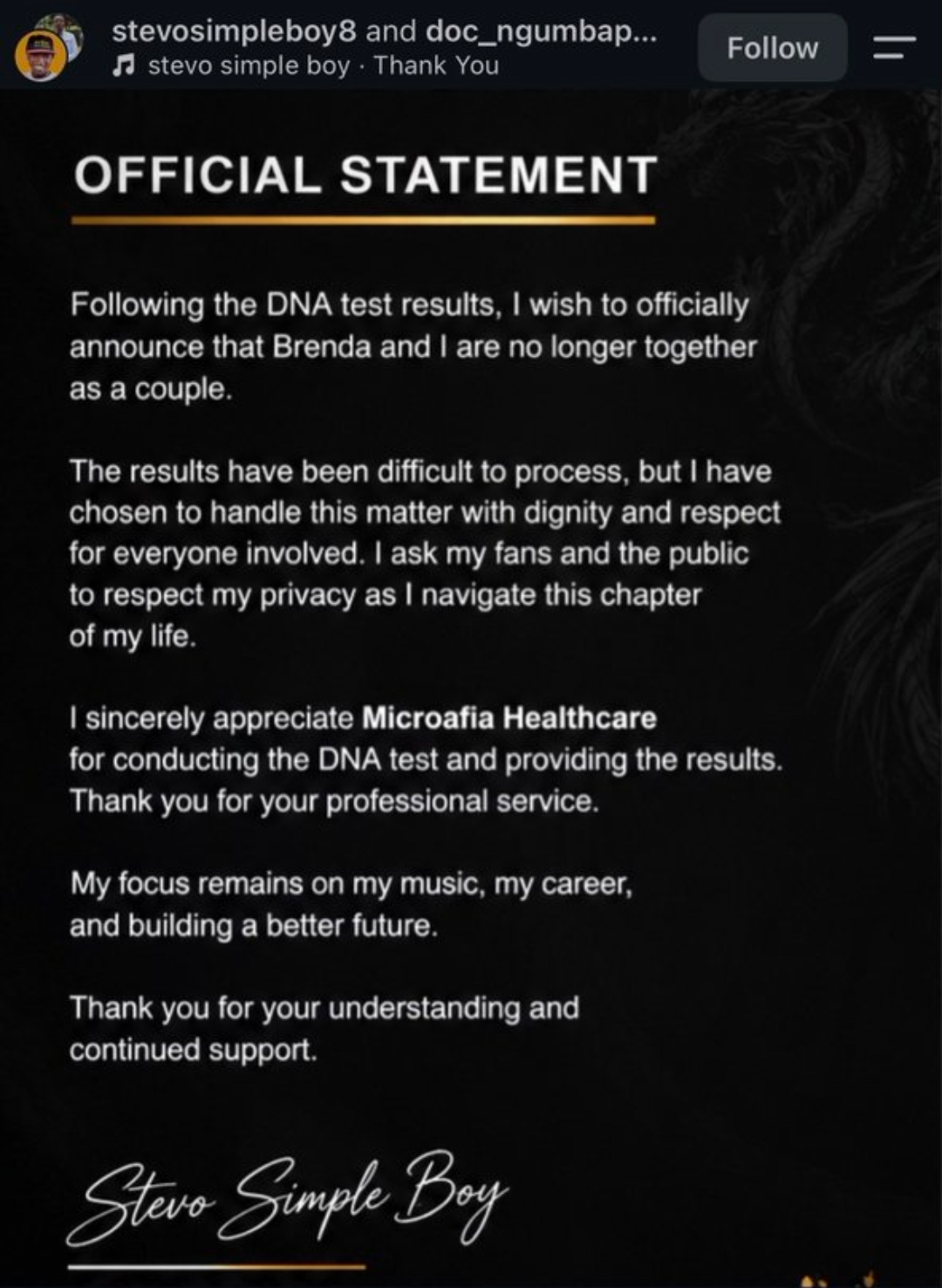 Kenyan comedian Stevo Simple Boy announces separation from girlfriend after DNA test reveals he is not the biological father of her child