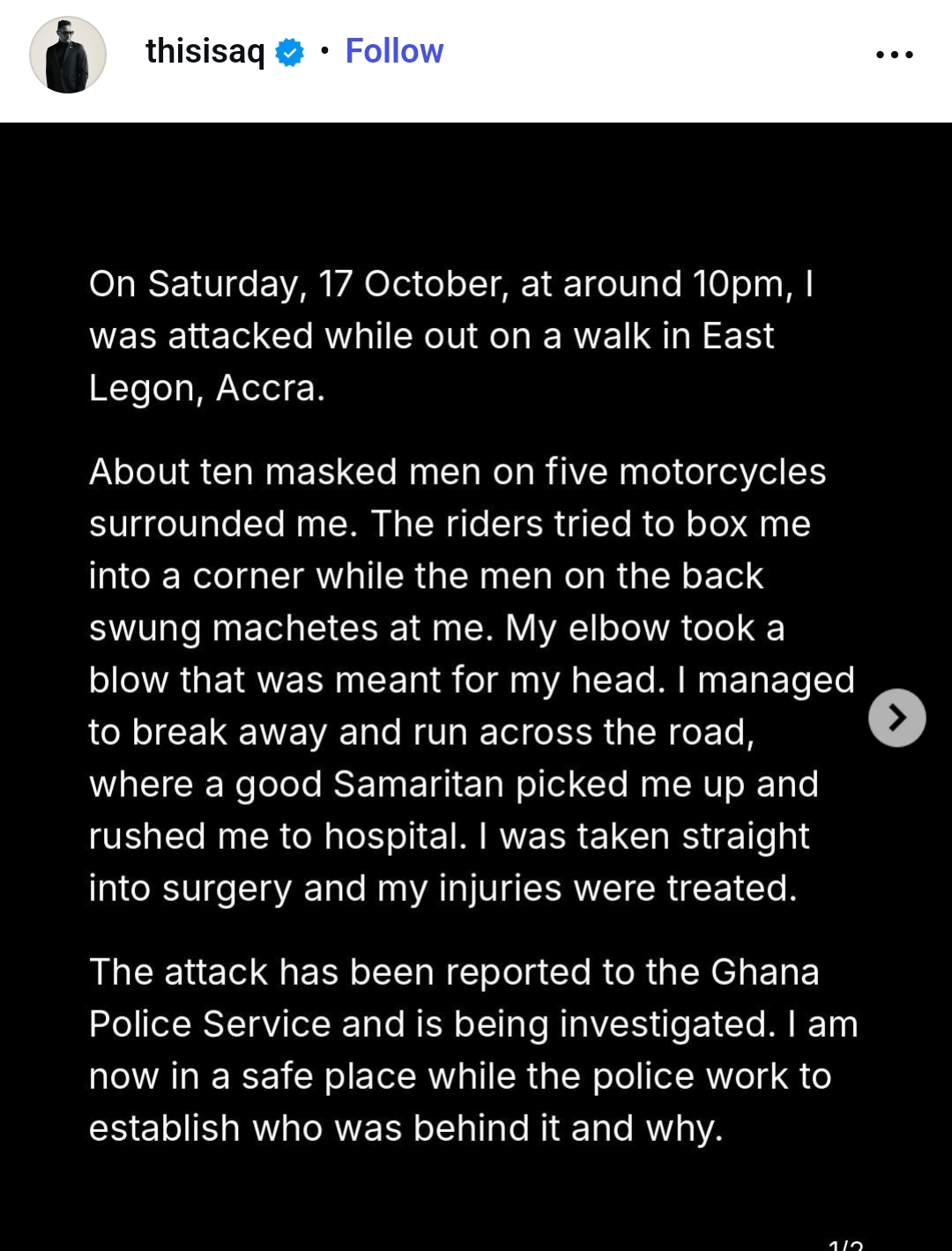 Nigerian rapper A-Q says masked men wielding machetes attacked him in Ghana