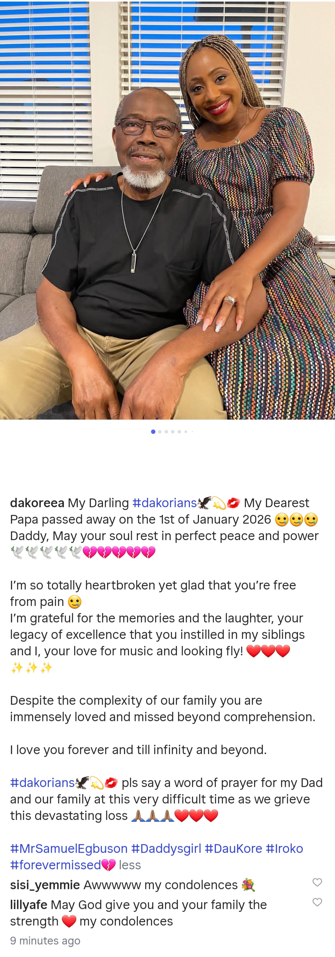Actress Dakore Akande posts moving tribute to her father days after his passing