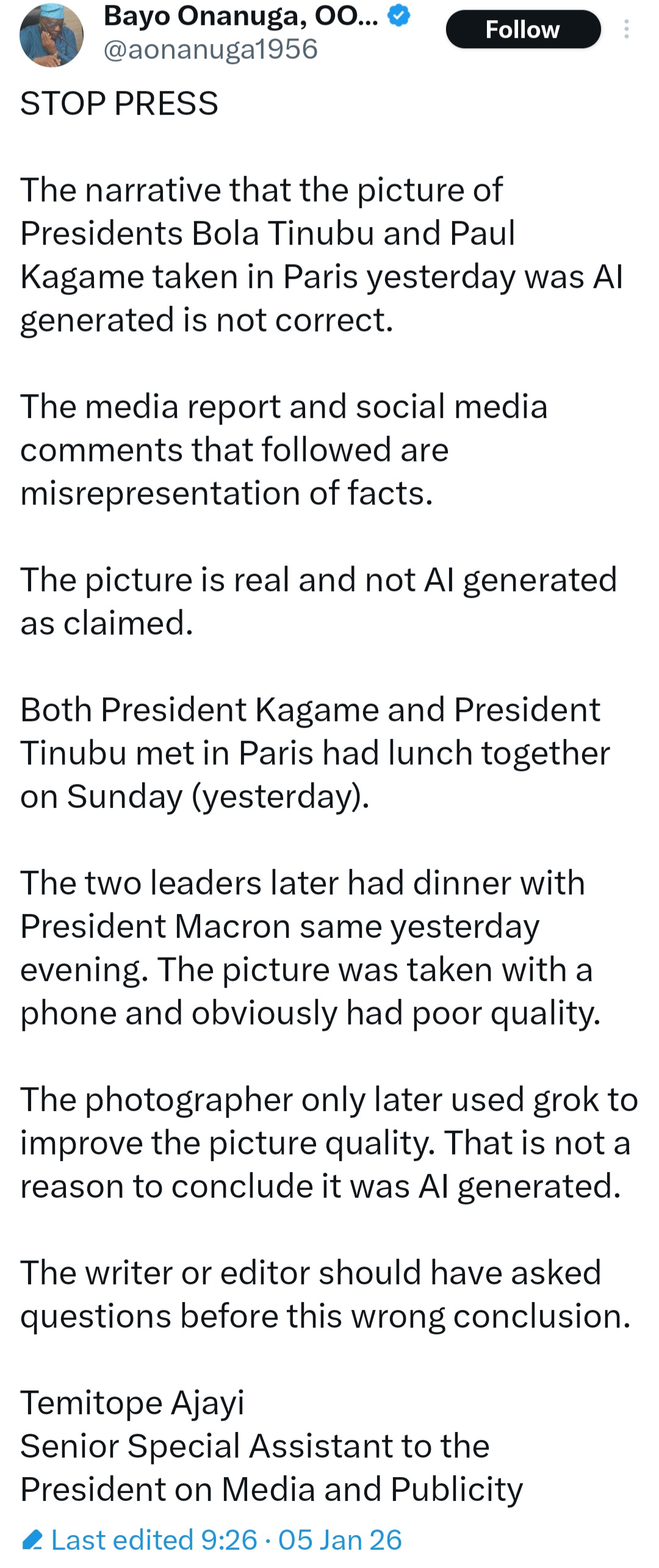 Tinubu?s picture with Paul Kagame in Paris is real, not AI generated ? Presidency