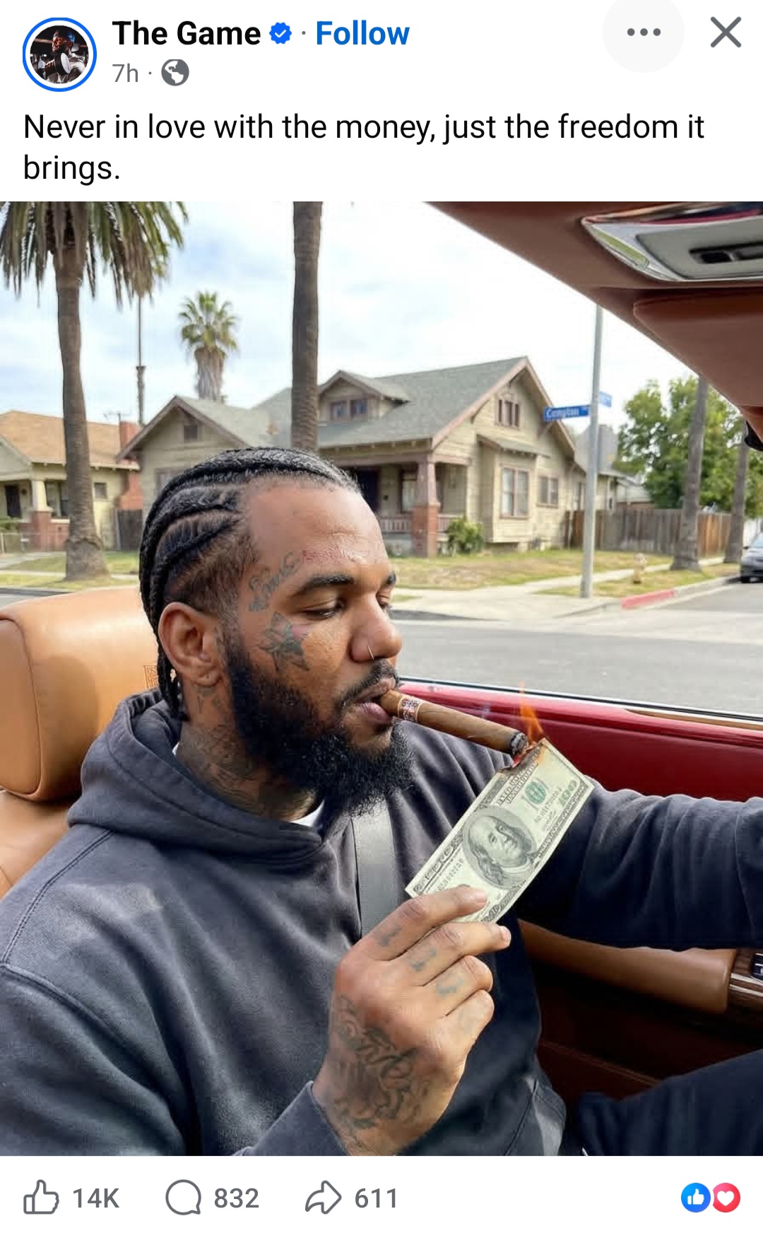Rapper The Game sets $100 bill on fire to prove he
