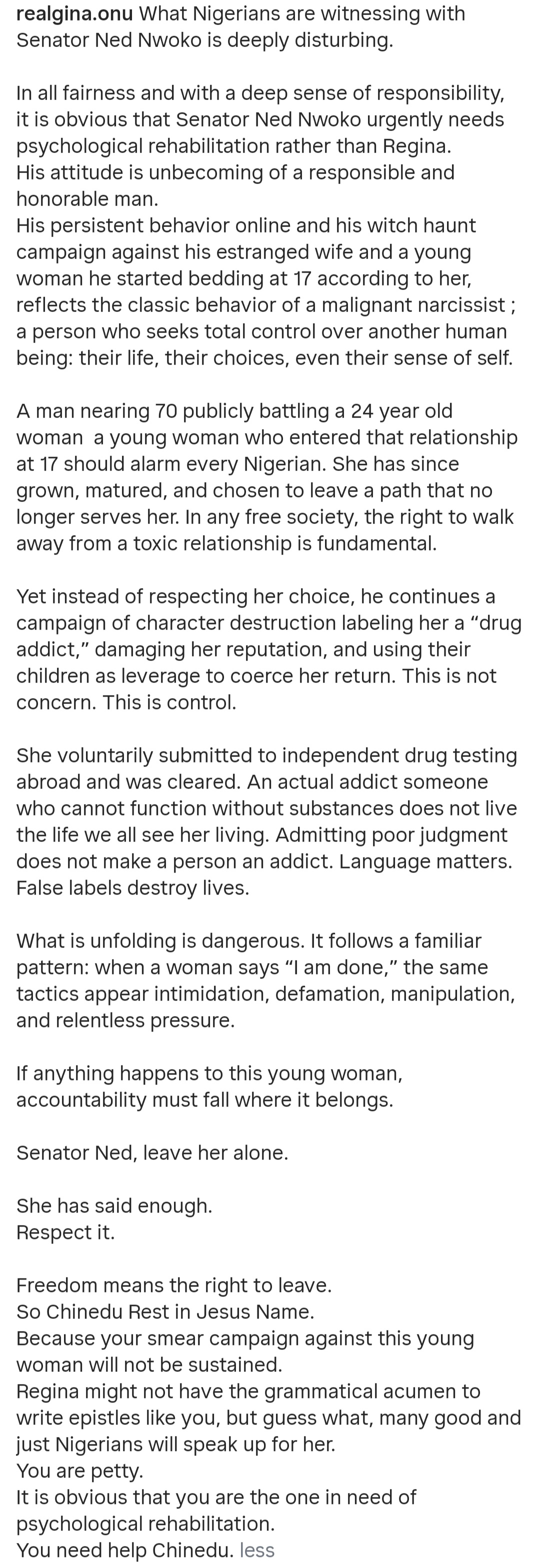 "You are the one in need of psychological rehabilitation" Georgina Onuoha slams Ned Nwoko over his latest statement accusing Regina Daniels of taking drugs