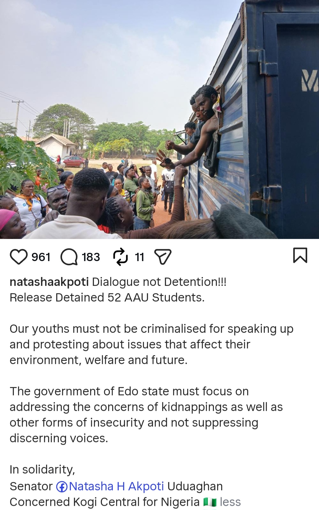 Senator Natasha Akpoti-Uduaghan condemns detention of AAU students protesting insecurity