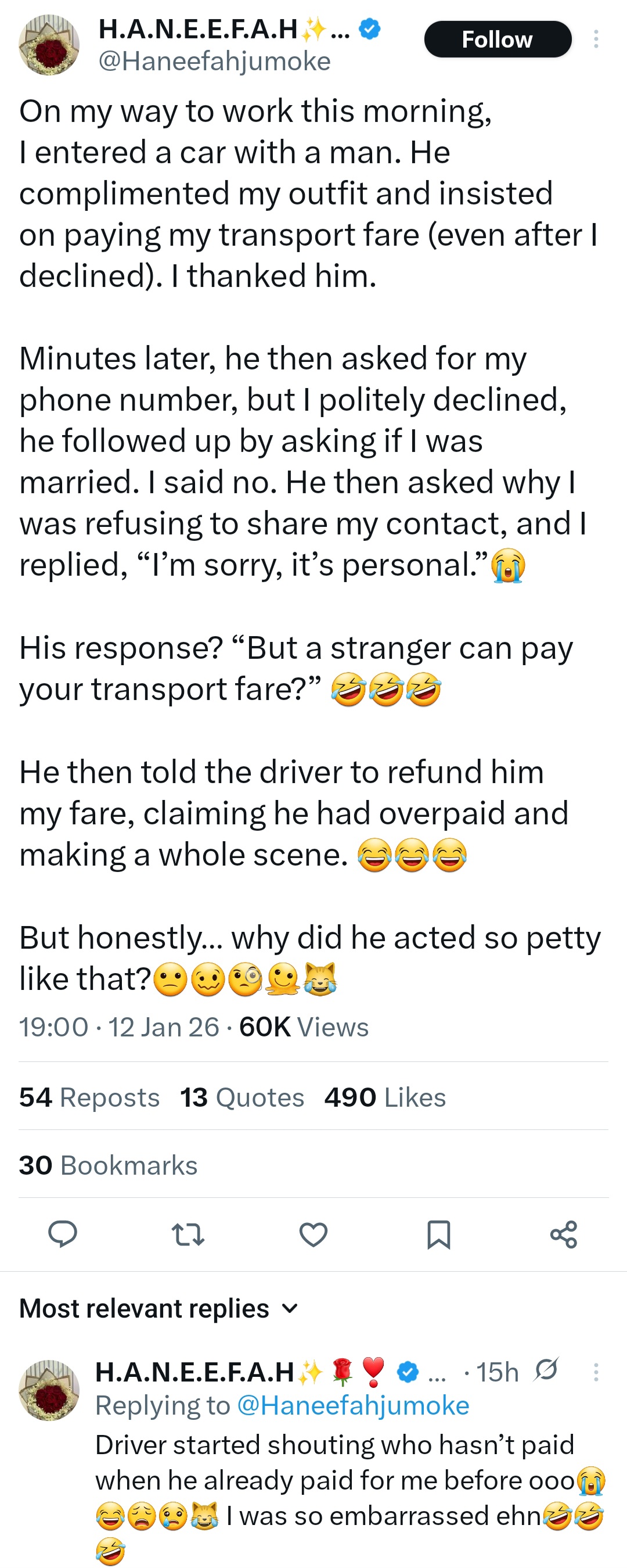 Woman shares how stranger reacted after he paid her transport fare and she refused to give him her phone number