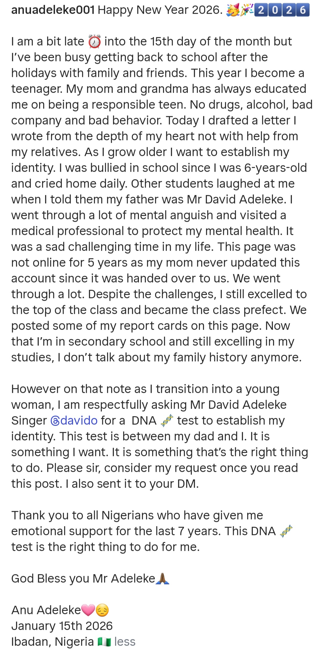 "I was bullied. Other students laughed at me" Teen Anu Adeleke asks Davido for DNA test to establish paternity