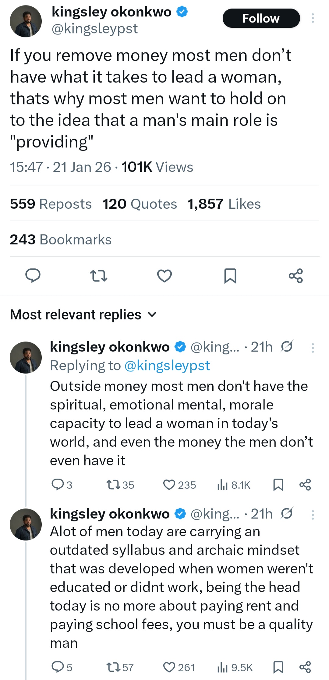 âWithout money, most men lack what it takes to lead a womanâ â Pastor Kingsley Okonkwo