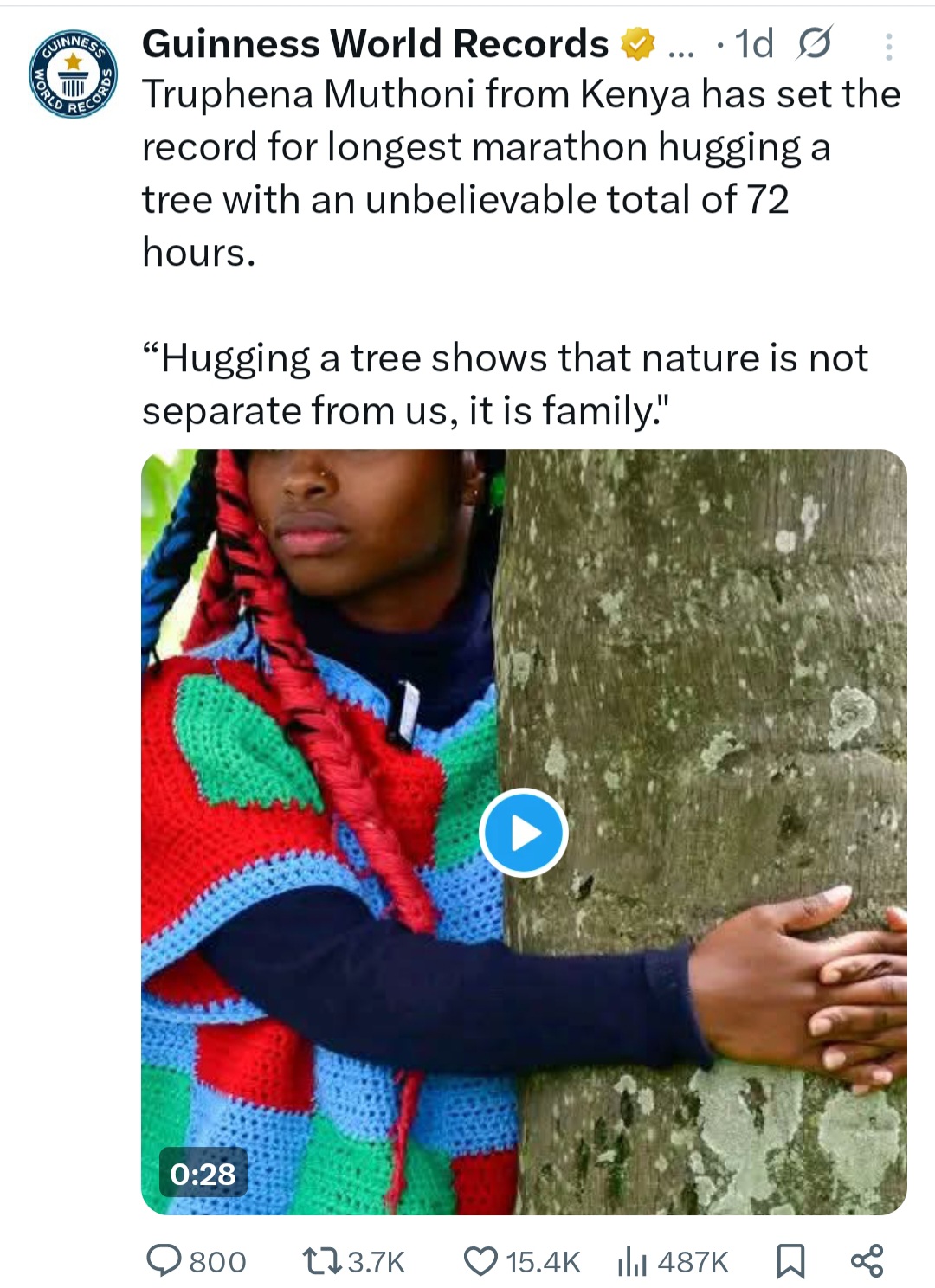 Kenyan environmental advocate, Truphena Muthoni, sets new Guinness World Record for longest marathon hugging a tree, clocking in 72 hours (video)