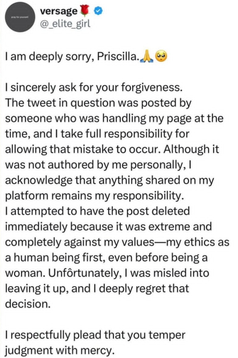 X user responds after influencer Priscilla Ojo threatened to sue her for comment on postpartum she falsely attributed to her