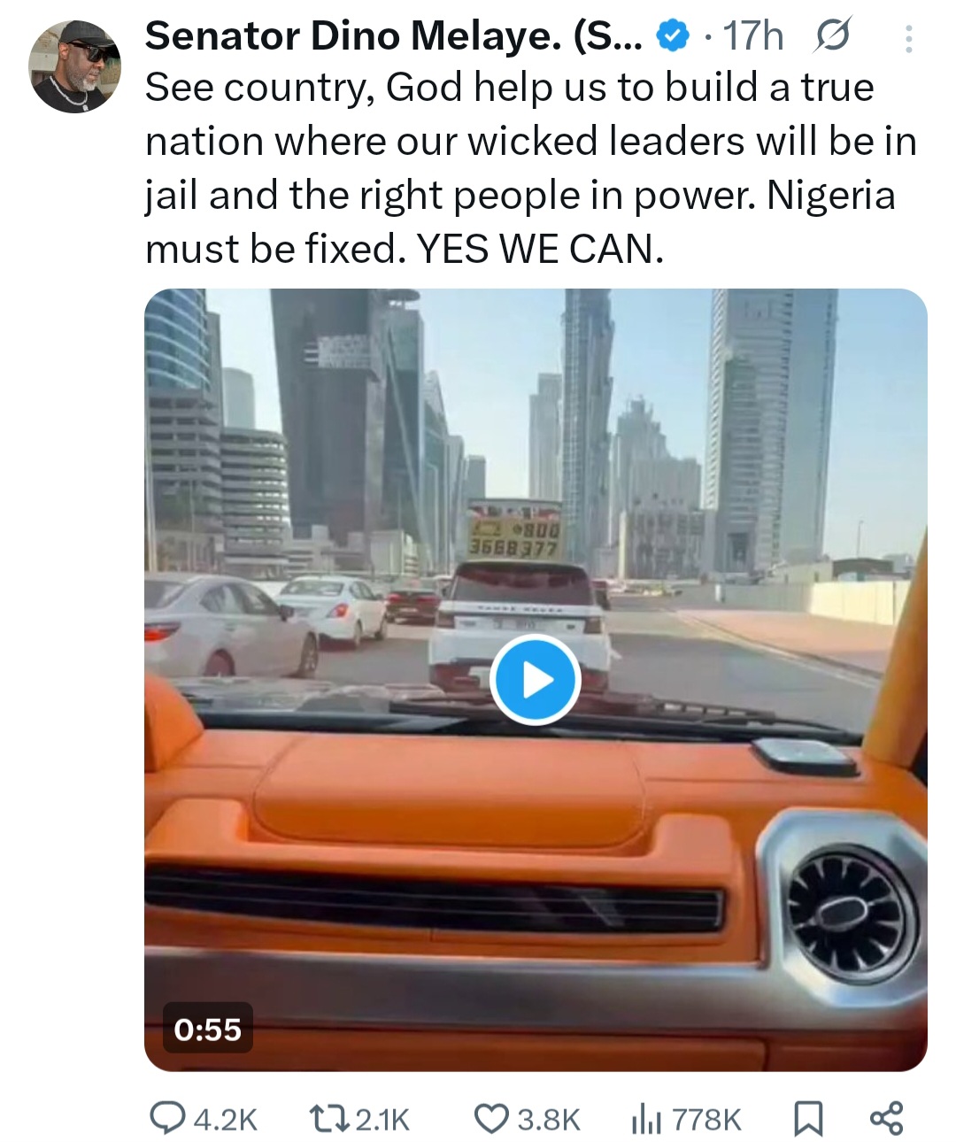 Senator Dino Melaye gets dragged as he shows off the beauty of another nation while stating that wicked Nigerian leaders should be jailed for the condition of Nigeria