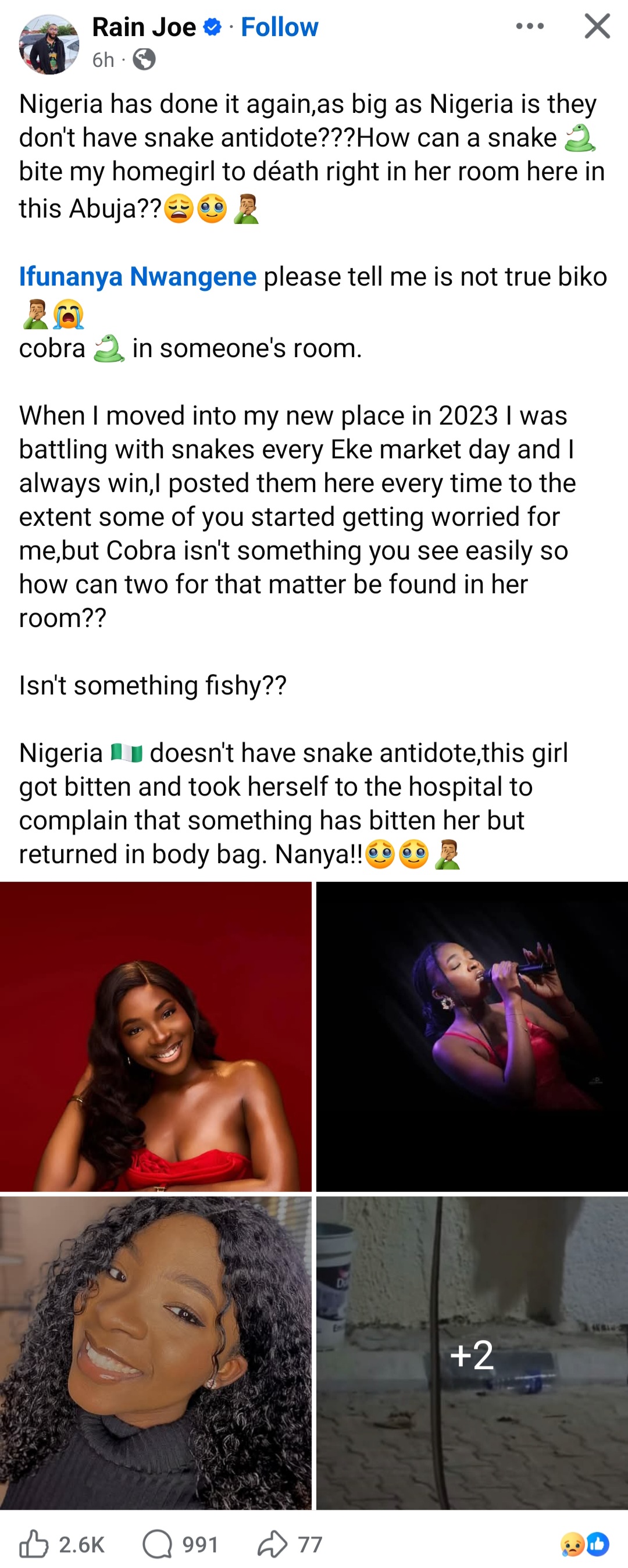 Fast-rising Nigerian singer, Ifunanya Nwangene di�s after being b!tten by cobra inside her Abuja home (video)