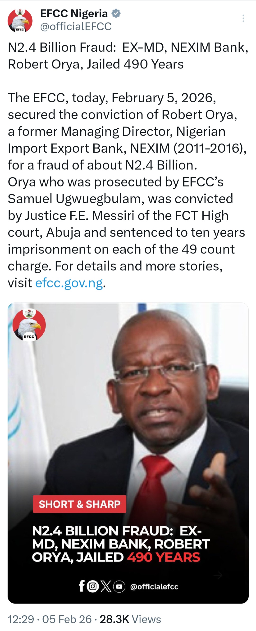 Former NEXIM Bank MD bags 490 years in prison for fraud