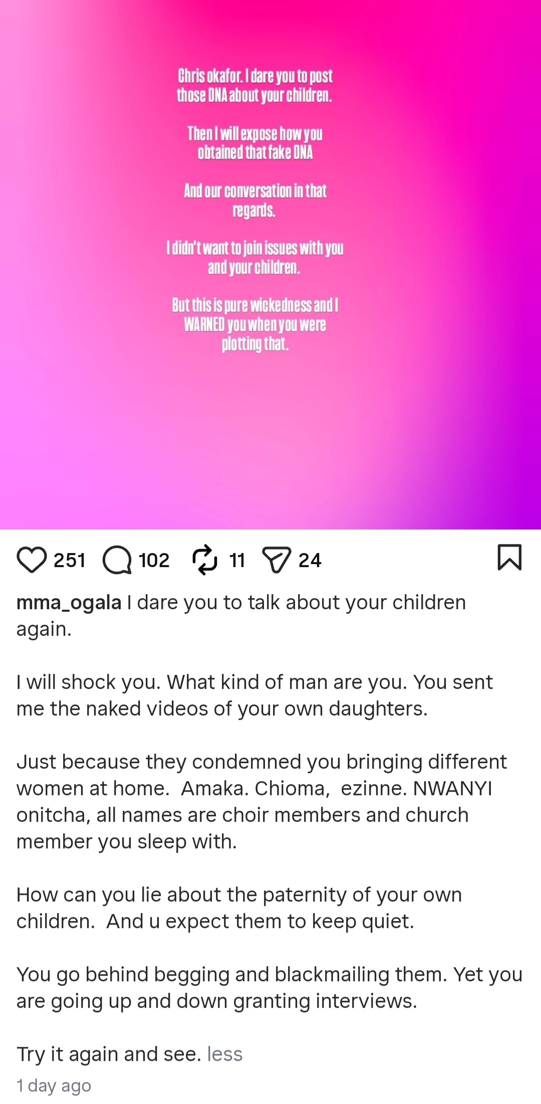 Doris Ogala shares screenshots related to Pastor Chris Okafor dispute