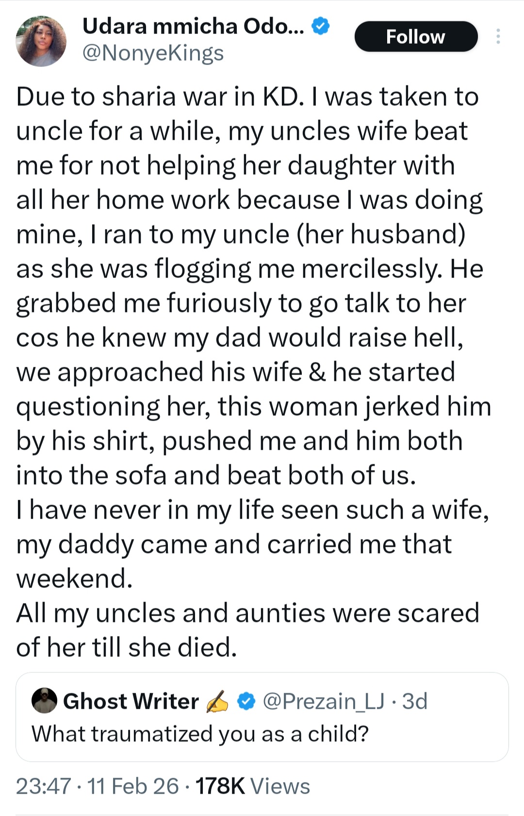 Woman narrates how her aunt, who was beating her, reacted when her husband tried to intervene