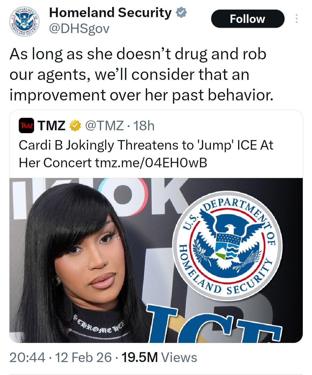 Cardi B exchanges words with Homeland Security on X after the rapper