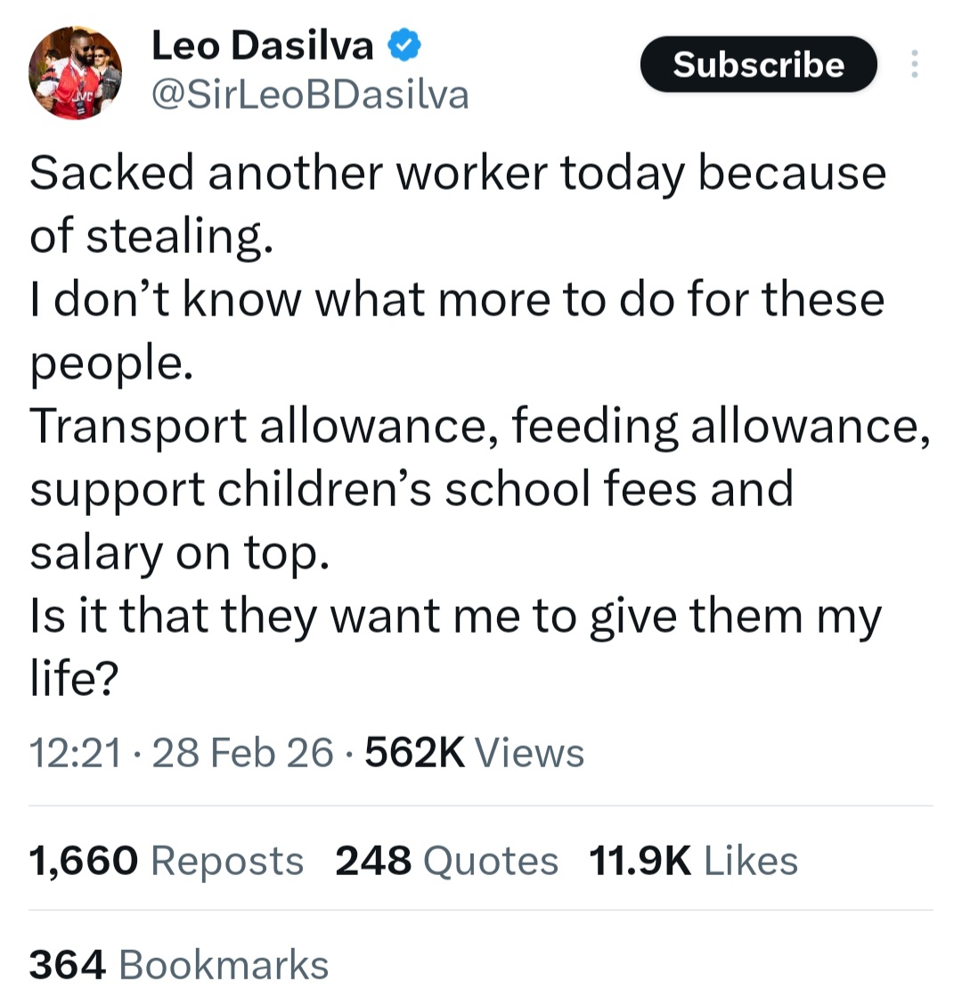 Leo DaSilva expresses frustration after sacking employee for theft
