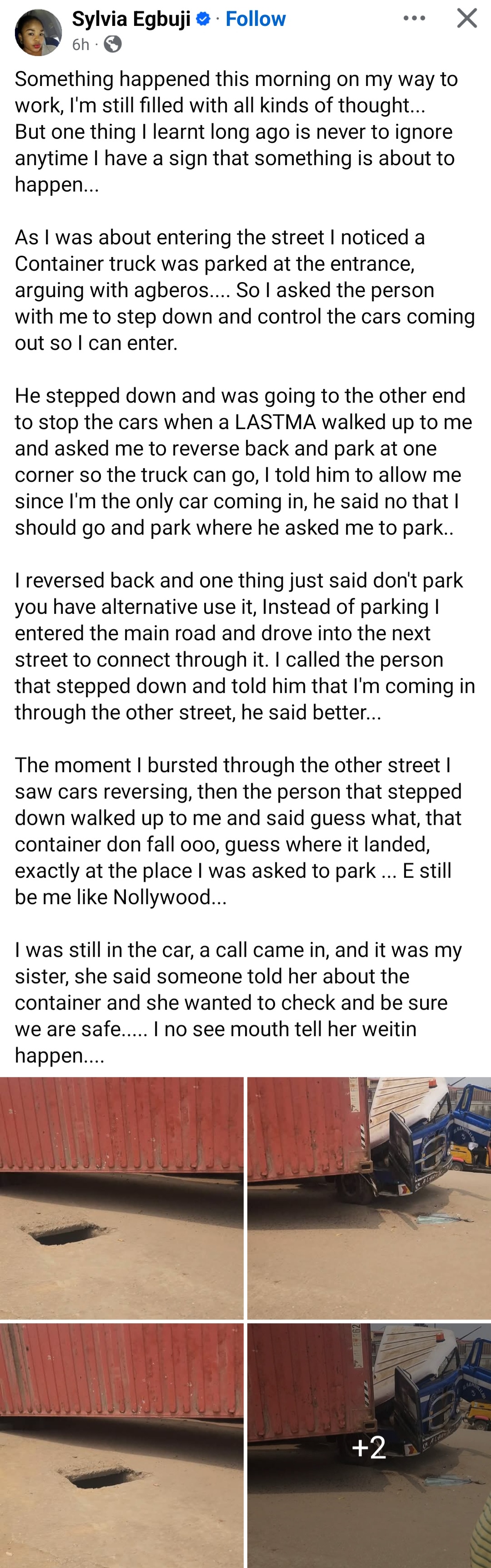 Woman narrates how she cheated dÂ£ath when container fell off trailer on her way to work