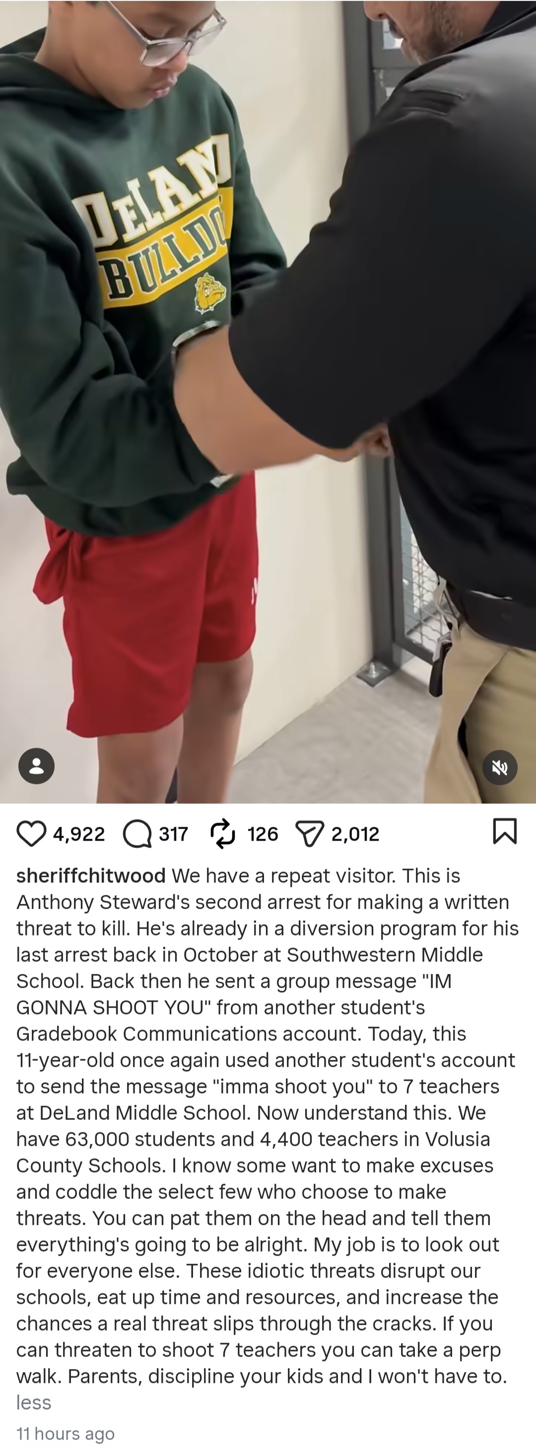 11-year-old boy arrested in Florida after threatening to bring gun to school and shoot classmates (video)