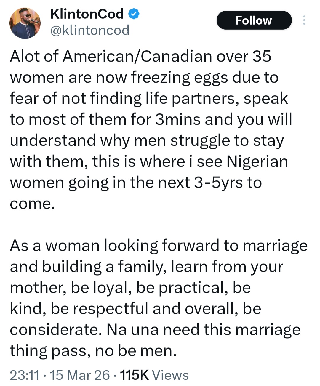 You need marriage more than men - Comedian Klinton Cod advises women on what to do to get husbands