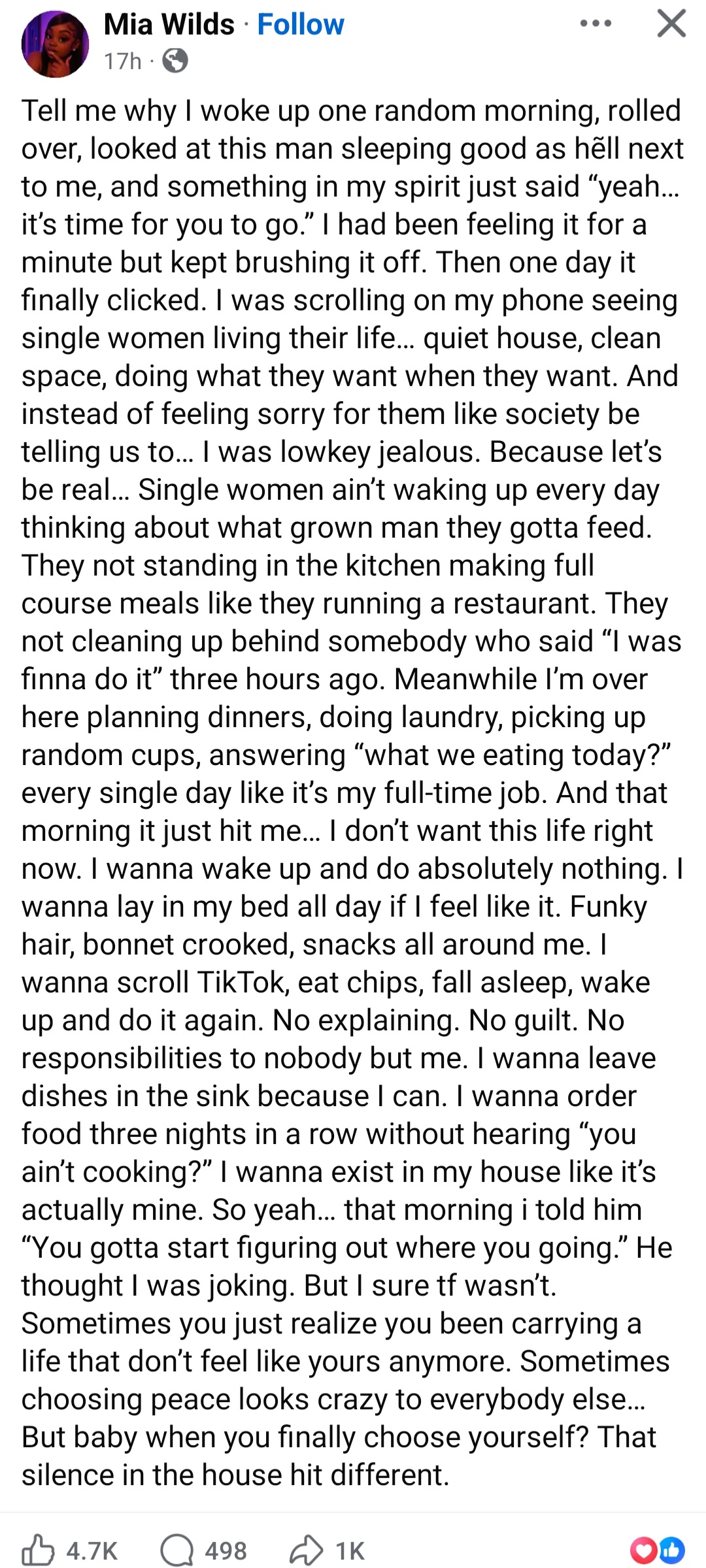 A screenshot of a Facebook post detailing a woman's relationship decision.