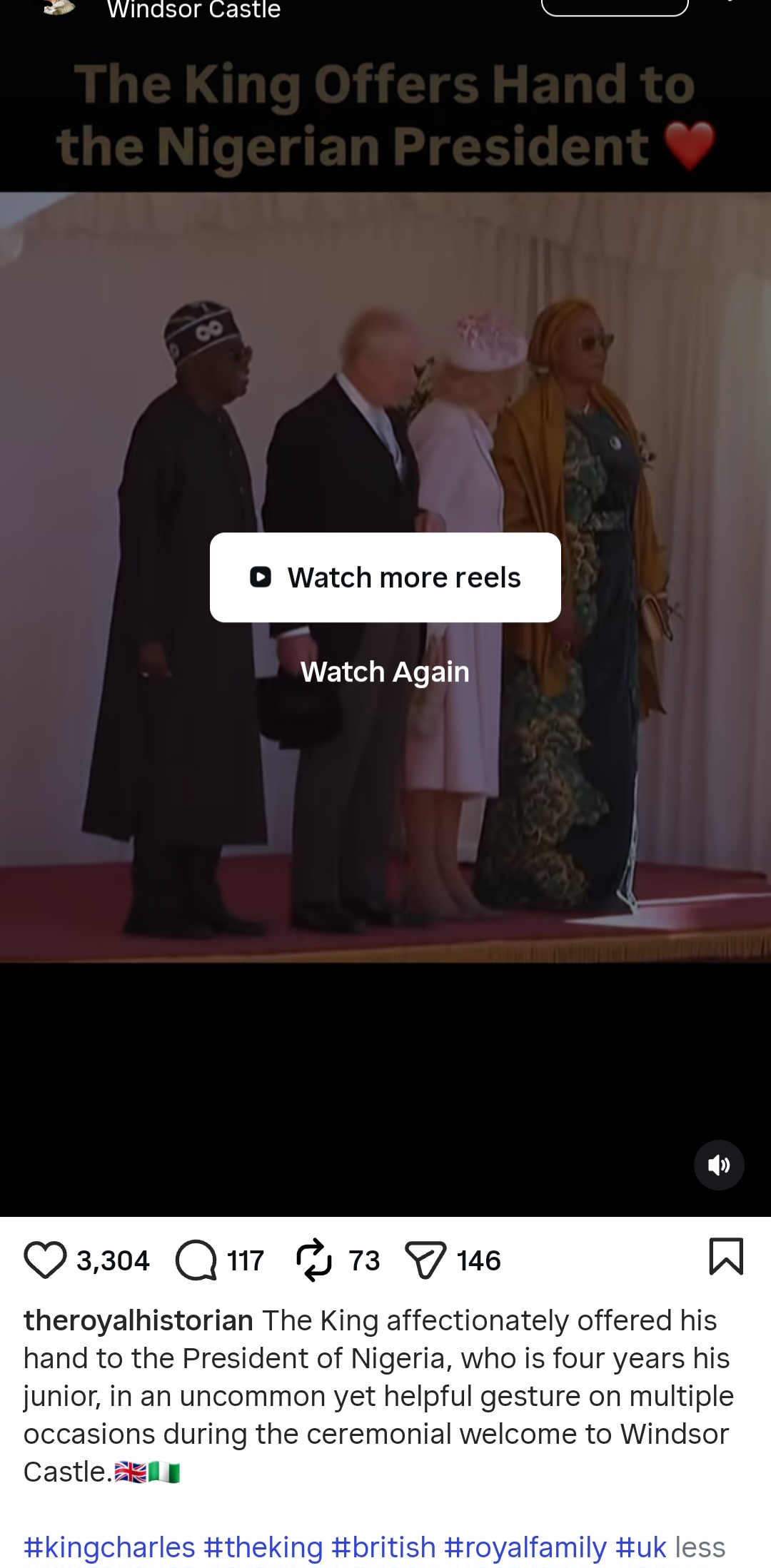 King Charles hailed for offering his hand to support President Tinubu as they walked (video)