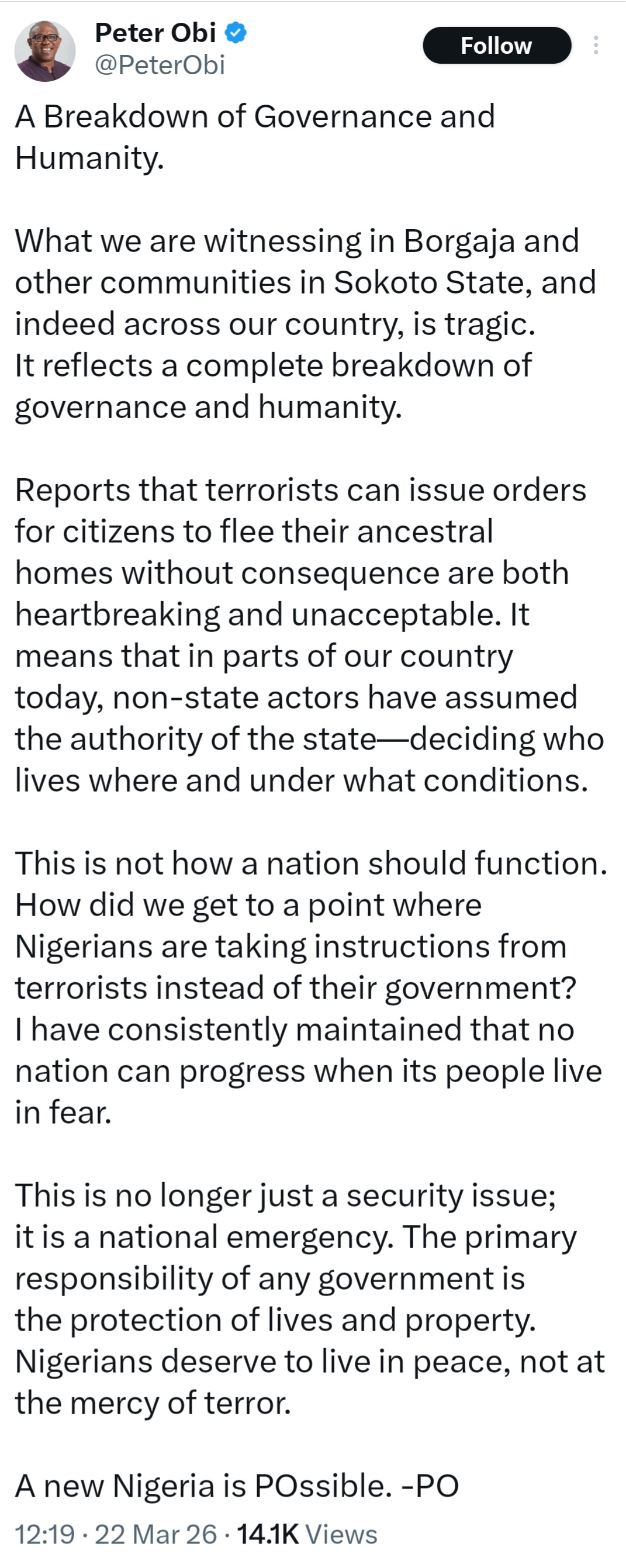 How did we get to a point where Nigerians are taking instructions from terrorists instead of their government â Peter Obi reacts to reports terrorists are issuing orders to communities