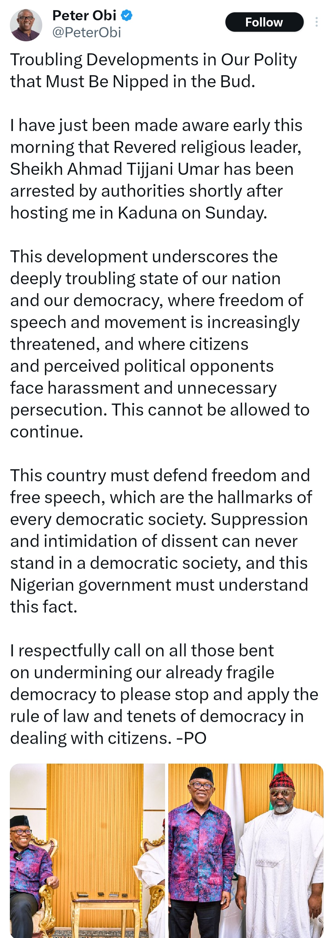 Cleric who hosted me in Kaduna has been arrested, Peter Obi raises alarm