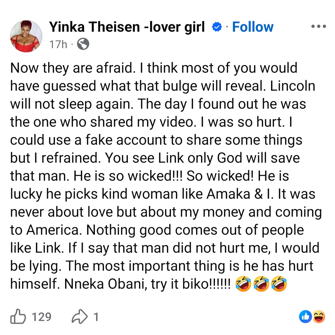 Yinka Theisen spirals out of control as she calls out ex-fiance Linc Edochie and the woman who allegedly has his attention