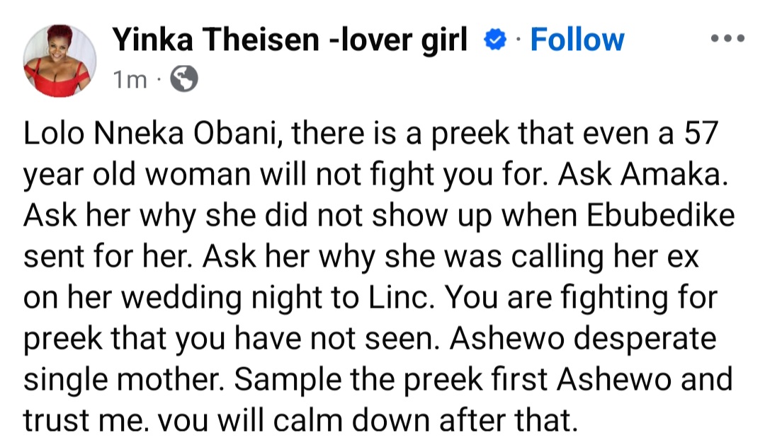 Yinka Theisen spirals out of control as she calls out ex-fiance Linc Edochie and the woman who allegedly has his attention