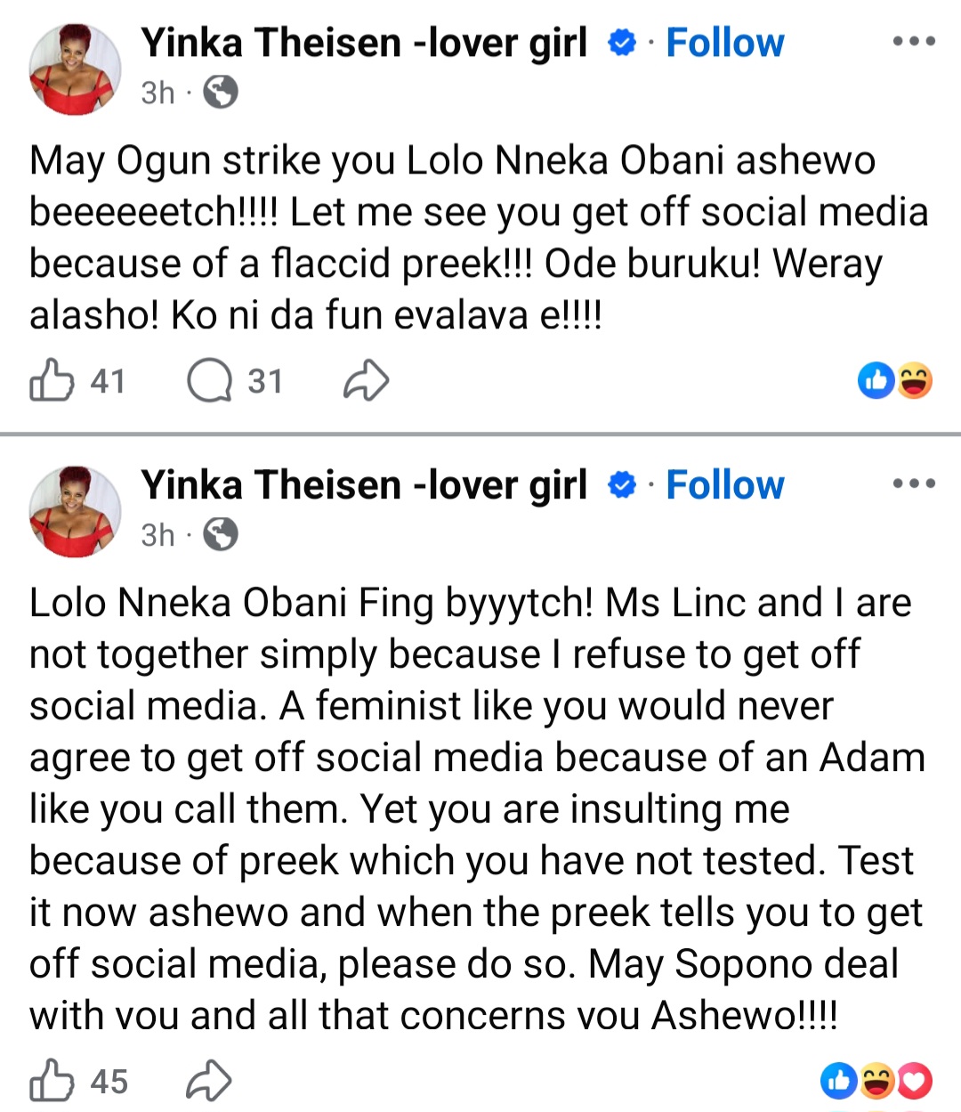 Yinka Theisen spirals out of control as she calls out ex-fiance Linc Edochie and the woman who allegedly has his attention