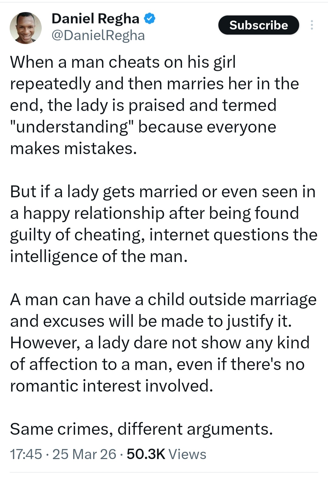 Social commentator, Daniel Regha points out double standard in how men and women are judged