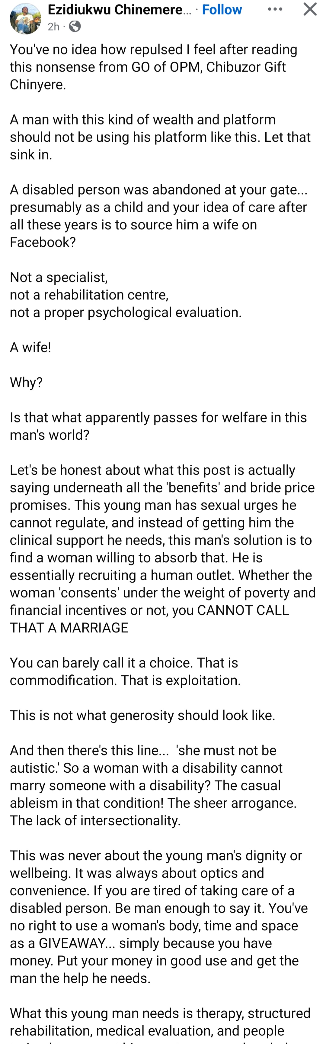 Outrage as OPM pastor Chibuzor Gift Chinyere seeks paid non-autistic wife for adopted autistic son who can