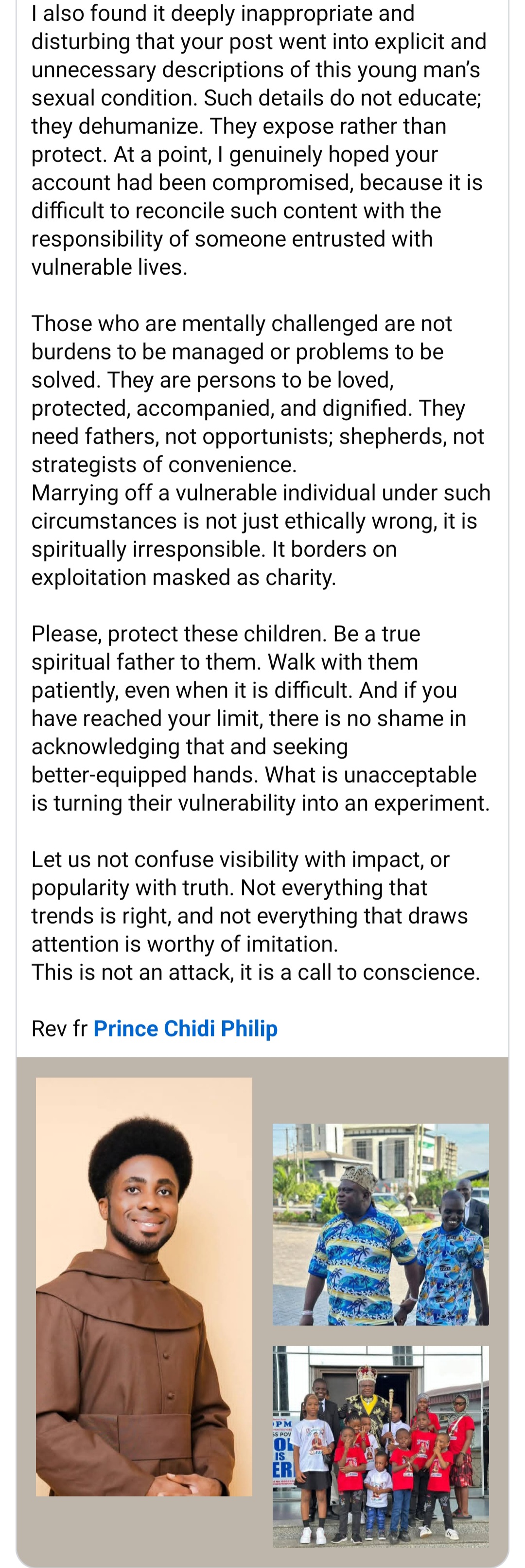 "Marriage is not a tool for managing mental challenges or biological impulses" Catholic Priest schools OPM pastor Chibuzor Gift Chinyere after he decided to marry off his adopted autistic son with uncontrollable s£xual urge