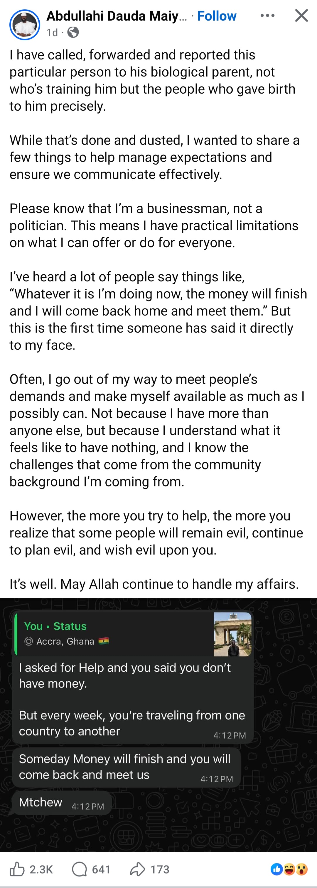 Nigerian man shares message entitled younger man sent calling him out for refusing to to give him money